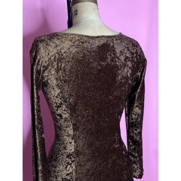 1990s CRUSHED VELVET Long Sleeve Dark Brown TIMING Maxi Dress. Small-Medium - Picture 7 of 9